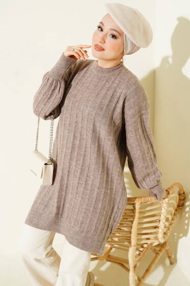Dik Çizgi Kabartmalı Triko Tunik Vizon - Tunik