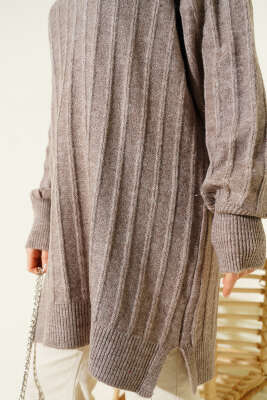 Dik Çizgi Kabartmalı Triko Tunik Vizon - Tunik