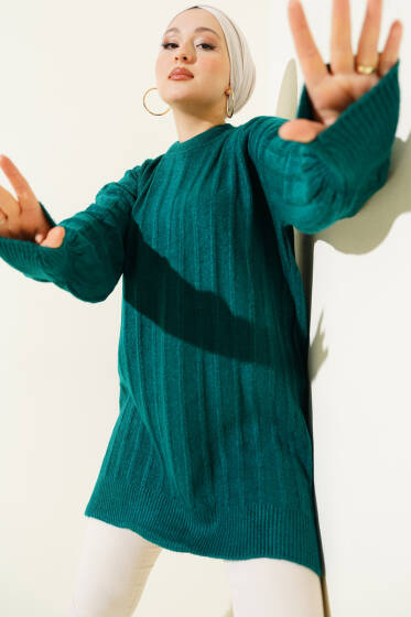Dik Çizgi Kabartmalı Triko Tunik Zümrüt - Tunik