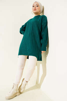 Dik Çizgi Kabartmalı Triko Tunik Zümrüt - Tunik