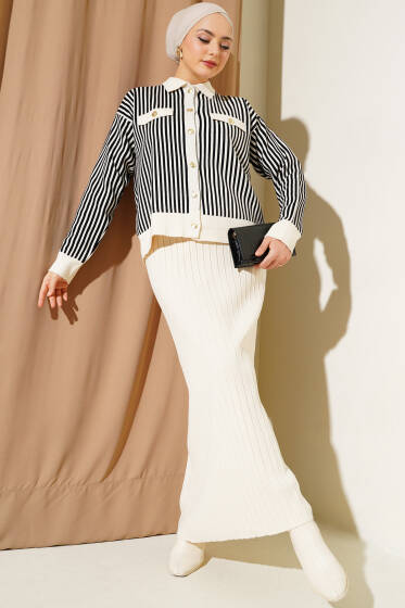 Dik Çizgili Etekli Triko İkili Takım Bej - İkili Takım