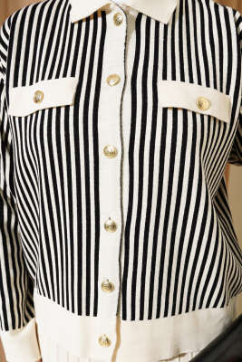 Dik Çizgili Etekli Triko İkili Takım Bej - İkili Takım