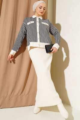 Dik Çizgili Etekli Triko İkili Takım Bej - FİXAY