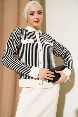 Dik Çizgili Etekli Triko İkili Takım Bej - Triko İkili Takım