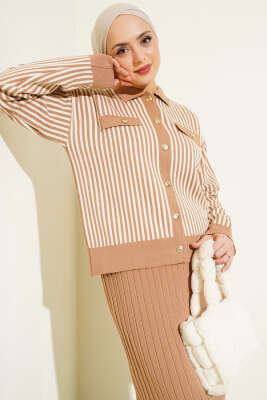 Dik Çizgili Etekli Triko İkili Takım Bisküvi - İkili Takım