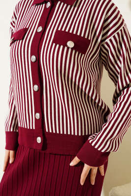 Dik Çizgili Etekli Triko İkili Takım Bordo - İkili Takım