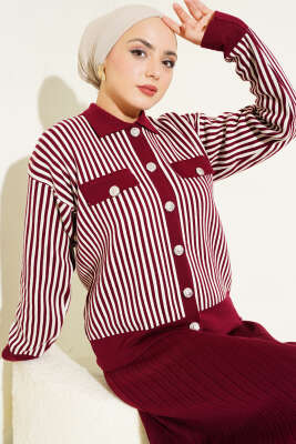 Dik Çizgili Etekli Triko İkili Takım Bordo - İkili Takım