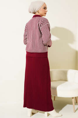 Dik Çizgili Etekli Triko İkili Takım Bordo - Triko İkili Takım