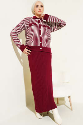 Dik Çizgili Etekli Triko İkili Takım Bordo 