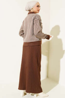 Dik Çizgili Etekli Triko İkili Takım Kahve - İkili Takım