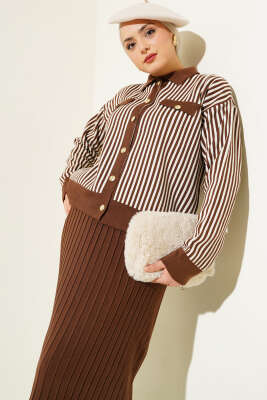 Dik Çizgili Etekli Triko İkili Takım Kahve - Triko İkili Takım