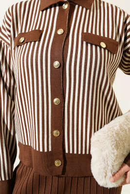 Dik Çizgili Etekli Triko İkili Takım Kahve - Triko İkili Takım