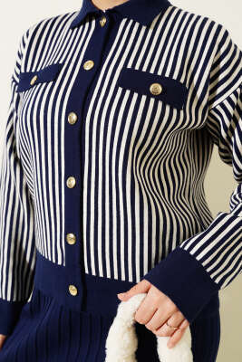 Dik Çizgili Etekli Triko İkili Takım Lacivert - İkili Takım