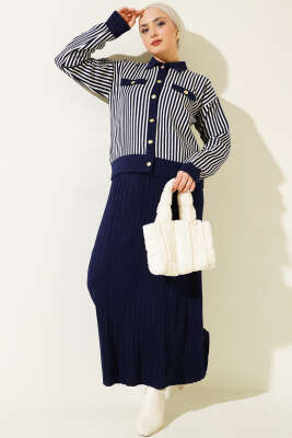 Dik Çizgili Etekli Triko İkili Takım Lacivert 