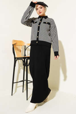 Dik Çizgili Etekli Triko İkili Takım Siyah 