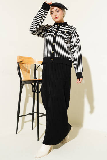 Dik Çizgili Etekli Triko İkili Takım Siyah - İkili Takım
