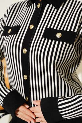 Dik Çizgili Etekli Triko İkili Takım Siyah - İkili Takım