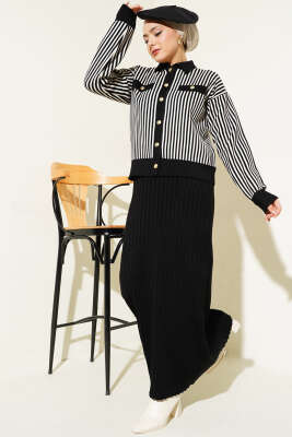 Dik Çizgili Etekli Triko İkili Takım Siyah - Triko İkili Takım