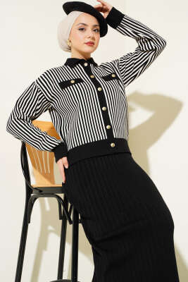 Dik Çizgili Etekli Triko İkili Takım Siyah - Triko İkili Takım