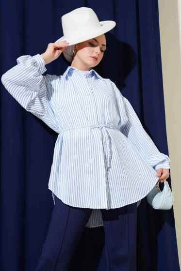 Dik Çizgili İp Kuşaklı Gömlek Mavi - Gömlek