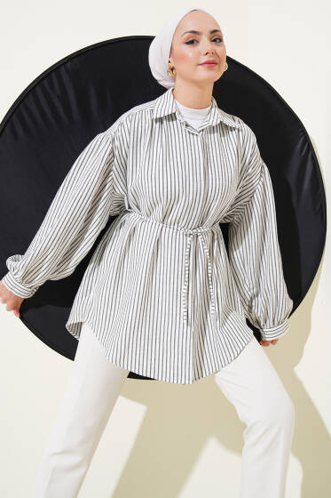 Dik Çizgili İp Kuşaklı Gömlek Siyah - Gömlek