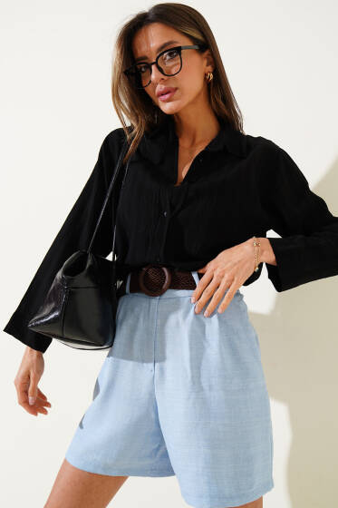 Dik Çizgili Manşetsiz Kısa Gömlek Siyah - Kadın Giyim Modelleri