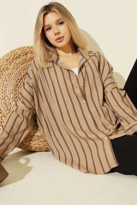 Dik Çizgili Oversize Gömlek Latte - Kadın Giyim Modelleri