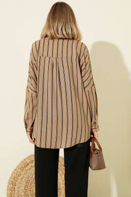 Dik Çizgili Oversize Gömlek Latte - Kadın Giyim Modelleri