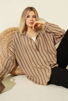 Dik Çizgili Oversize Gömlek Latte - CALİENTE