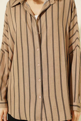Dik Çizgili Oversize Gömlek Latte - Yılın Fırsatı