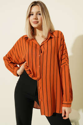 Dik Çizgili Oversize Gömlek Oranj - Kadın Giyim Modelleri