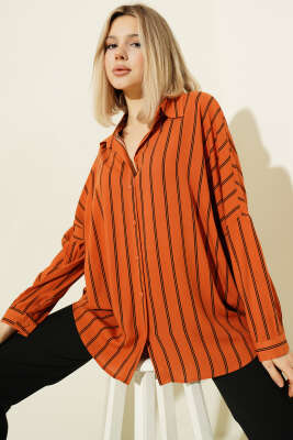 Dik Çizgili Oversize Gömlek Oranj - CALİENTE