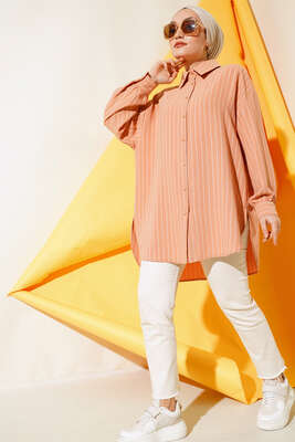 Dik Çizgili Salaş Gömlek Camel - 300-500 TL Ürünler