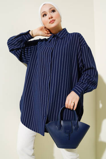 Dik Çizgili Salaş Gömlek Lacivert - Gömlek