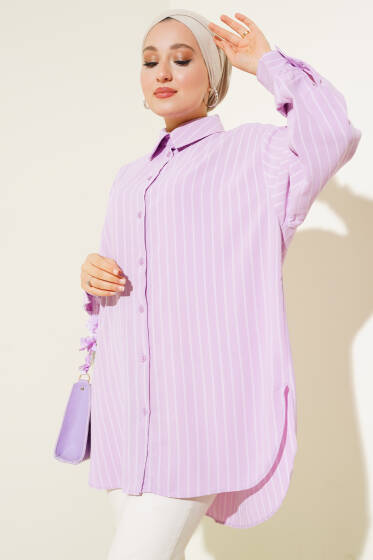 Dik Çizgili Salaş Gömlek Lila - Gömlek