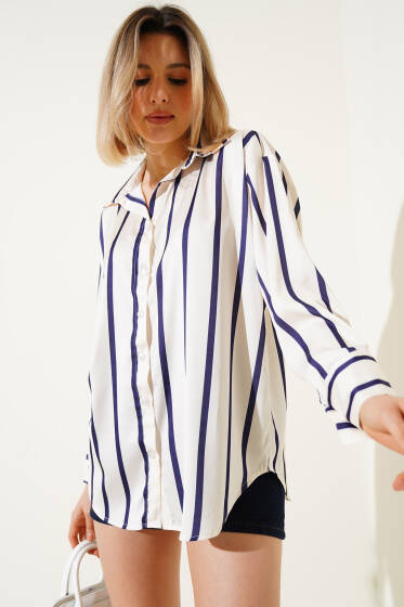 Dik Çizgili Saten Gömlek Bej - Kadın Giyim Modelleri