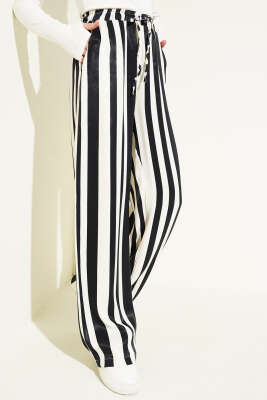 Dik Çizgili Saten Palazzo Siyah Ekru - Kadın Giyim Modelleri