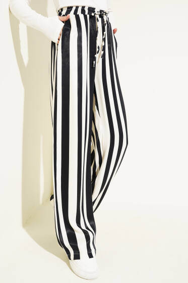 Dik Çizgili Saten Palazzo Siyah Ekru - Kadın Giyim Modelleri