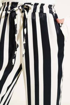 Dik Çizgili Saten Palazzo Siyah Ekru - Kadın Giyim Modelleri