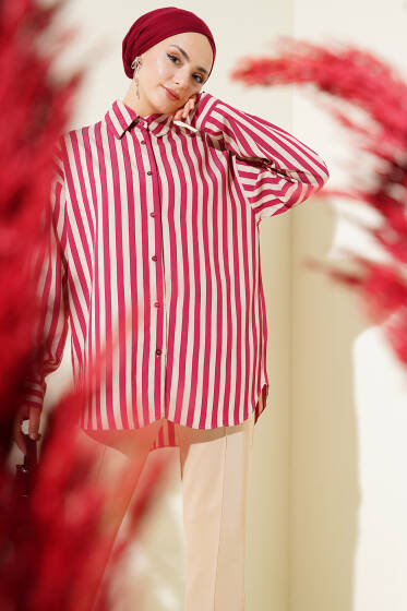 Dik Çizgili Sırt Pileli Gömlek Bordo - Gömlek