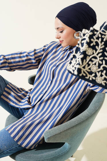 Dik Çizgili Sırt Pileli Gömlek Lacivert - Gömlek