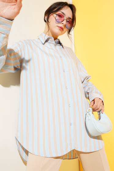 Dik Çizgili Sırt Pileli Gömlek Mavi - Gömlek