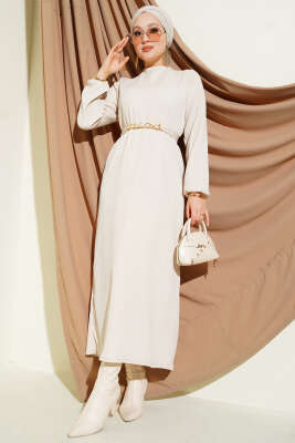 Dik Fitilli Kuşaklı Basic Elbise Bej - VAV TEKSTİL