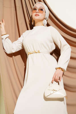 Dik Fitilli Kuşaklı Basic Elbise Bej - Elbise