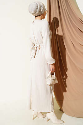 Dik Fitilli Kuşaklı Basic Elbise Bej - Elbise