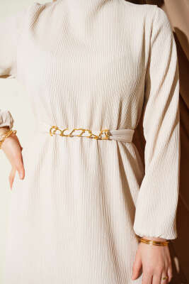 Dik Fitilli Kuşaklı Basic Elbise Bej - Elbise