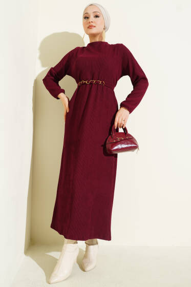 Dik Fitilli Kuşaklı Basic Elbise Bordo - Elbise