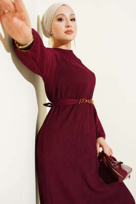 Dik Fitilli Kuşaklı Basic Elbise Bordo - Elbise
