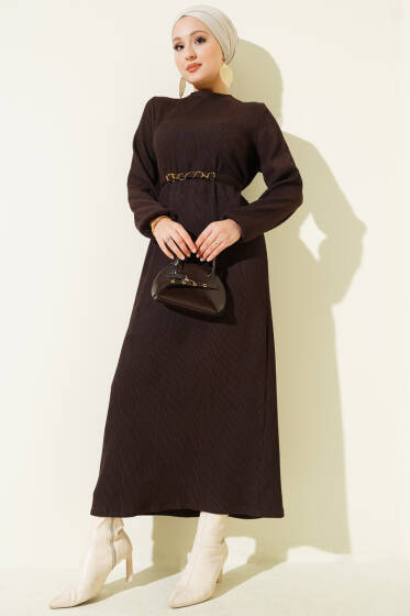 Dik Fitilli Kuşaklı Basic Elbise Kahve - Elbise