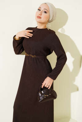 Dik Fitilli Kuşaklı Basic Elbise Kahve - Elbise